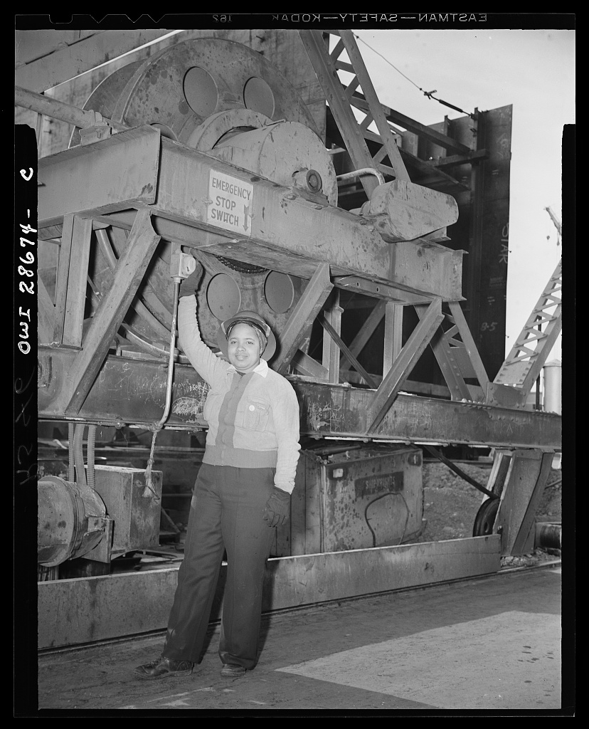 Odie Mae Embry at crane emergency switch, Kaiser Richmond