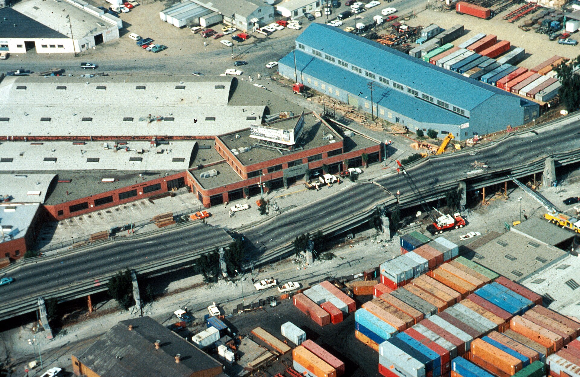Aerial view of the collapsed Cypress Viaduct after the 1989 Loma Prieta earthquake